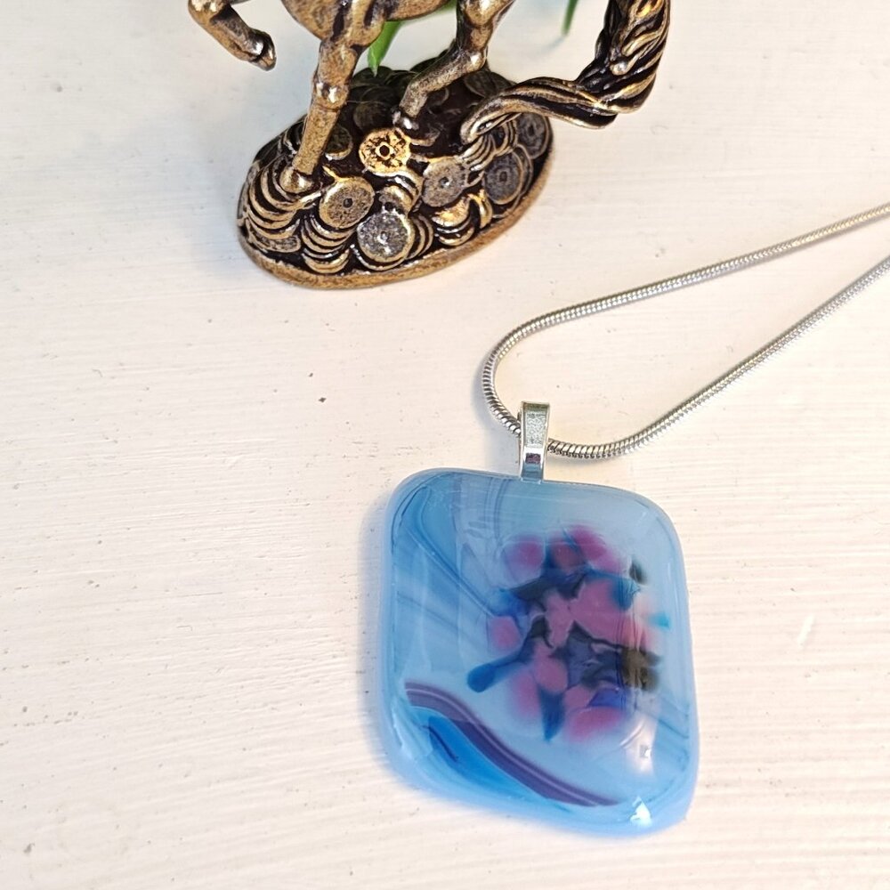 Flowy blue tone pendant OOAK handcrafted fused glass jewelry + necklace